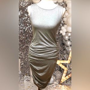 Silvery Metallic Alice + Olivia Scrunch Ruched Midi Bodycon Dress
